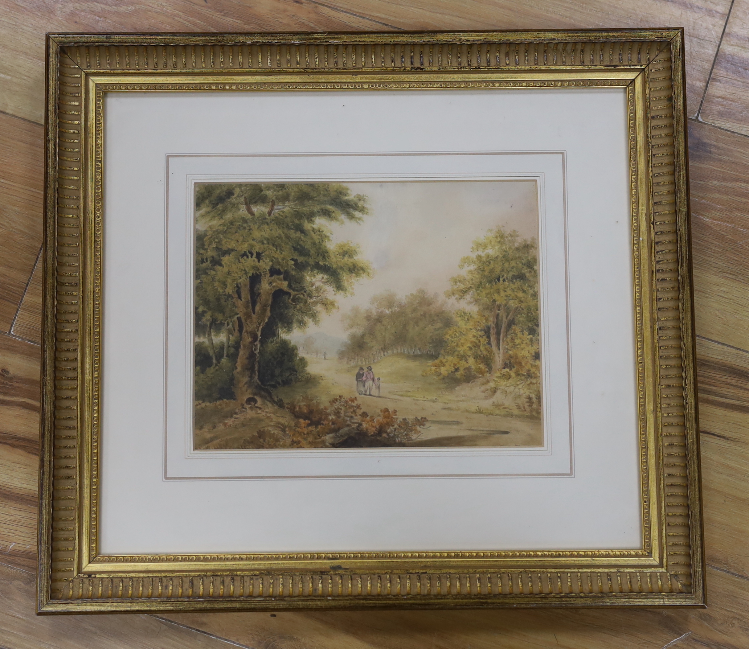 Early 19th century school, watercolour, Figures on a country pathway, 25cm x 19cm